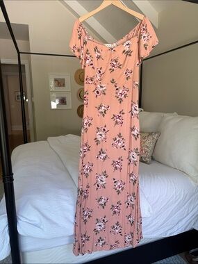 Romantic Blush Floral Maxi Dress — Off-Shoulder Style
